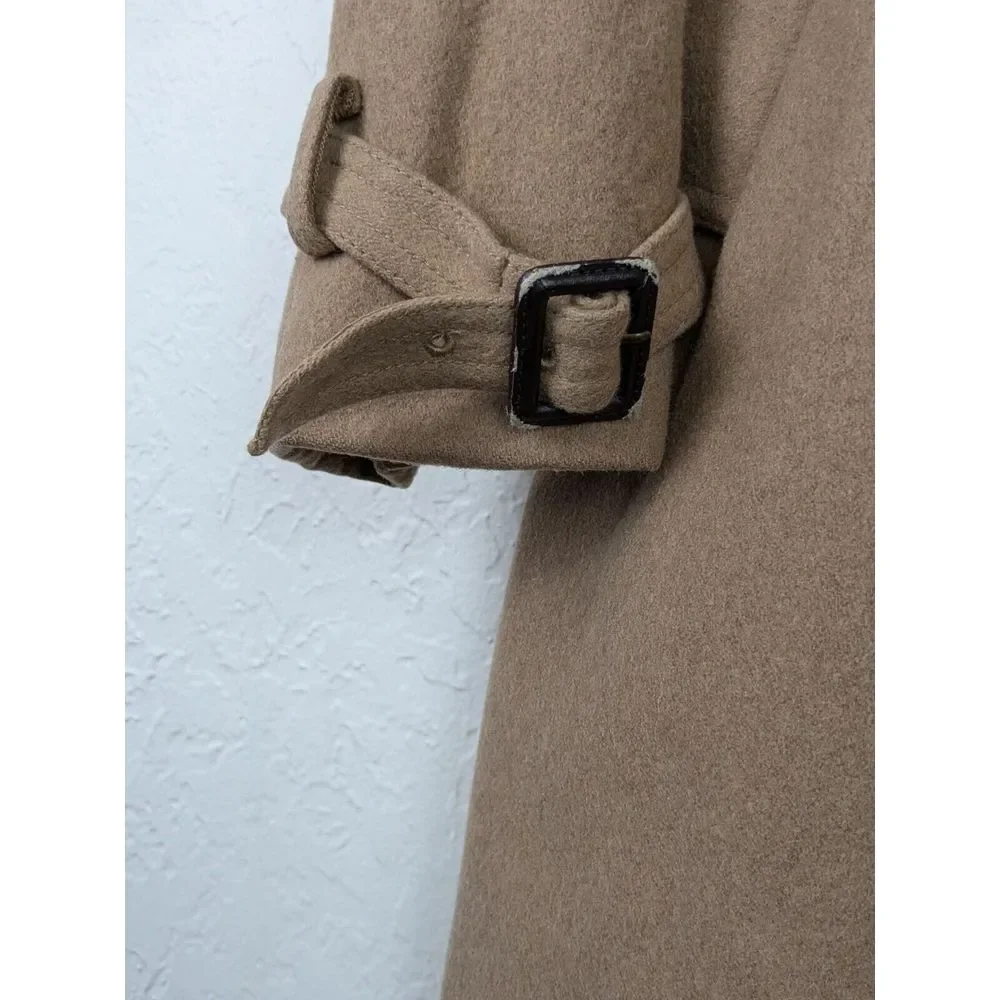 Y2K J Crew Wool OverCoat Womens Sz 4 Tan Camel Lined Winter‎ Jacket Hood Collar